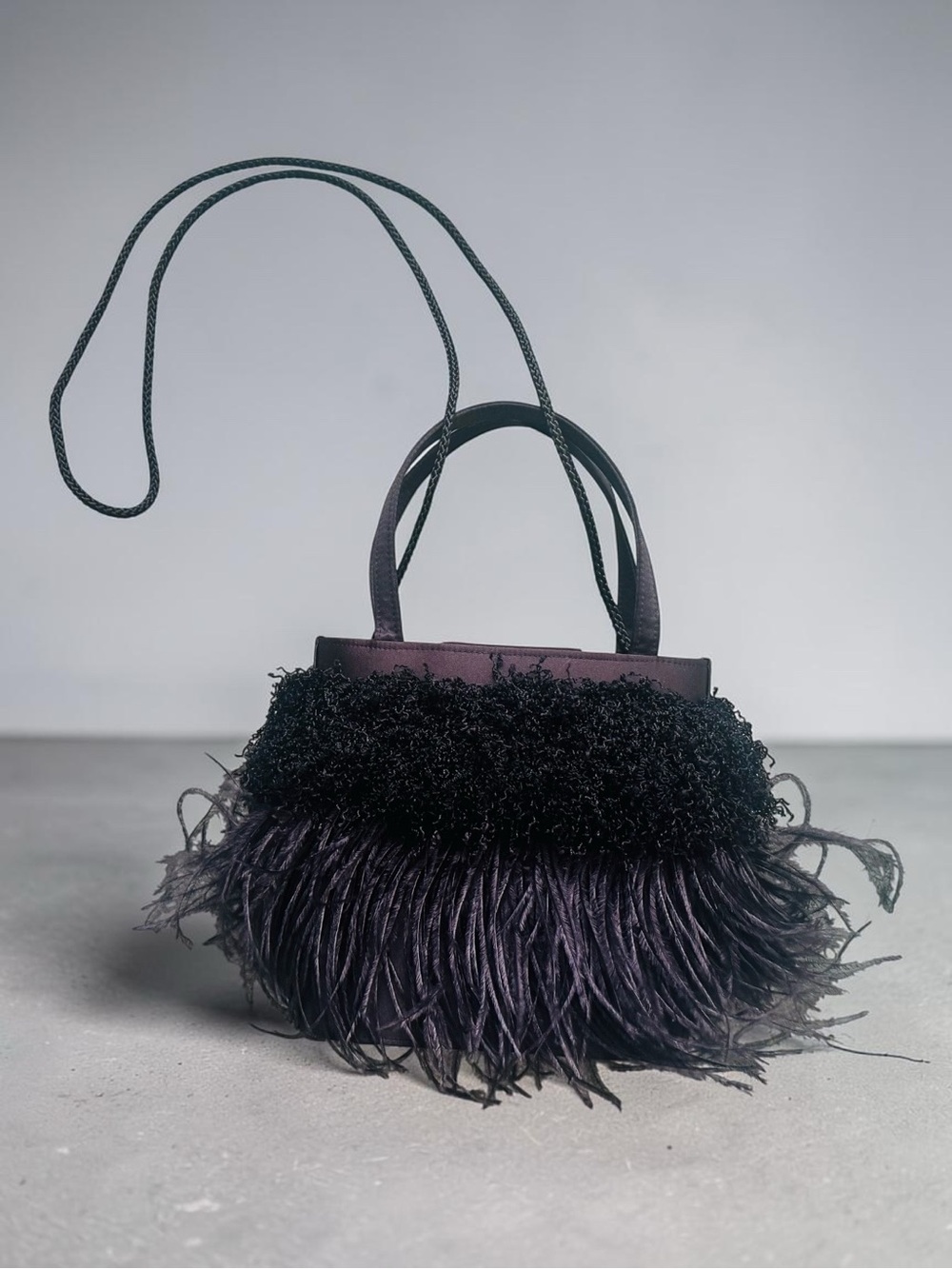 MSGM Milano Black Bouclé and Ostrich Feather Top-Handle Evening Bag